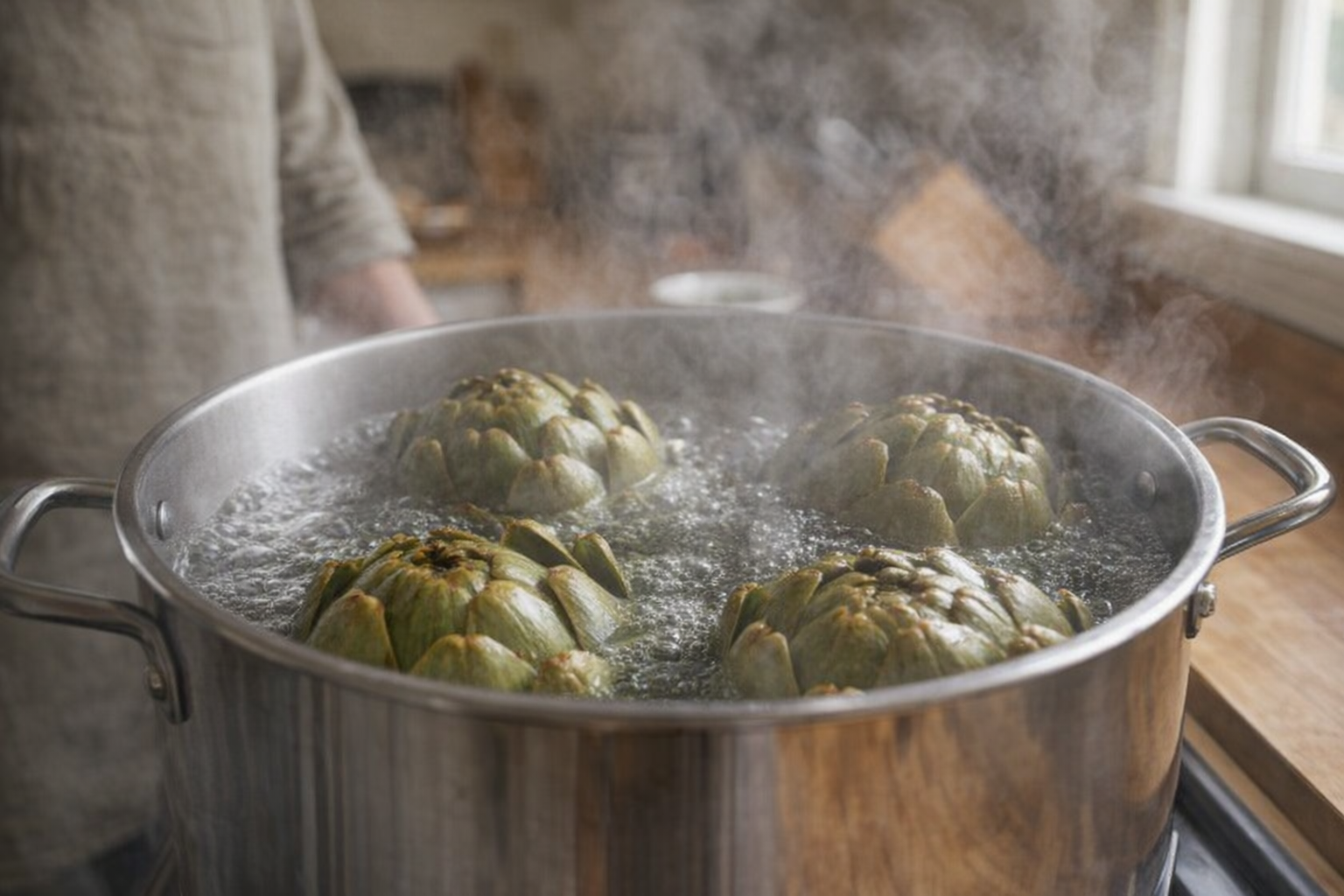 A side-angle shot of artichokes boiling in a large pot, steam rising, water bubbling, stainless steel pot, kitchen setting